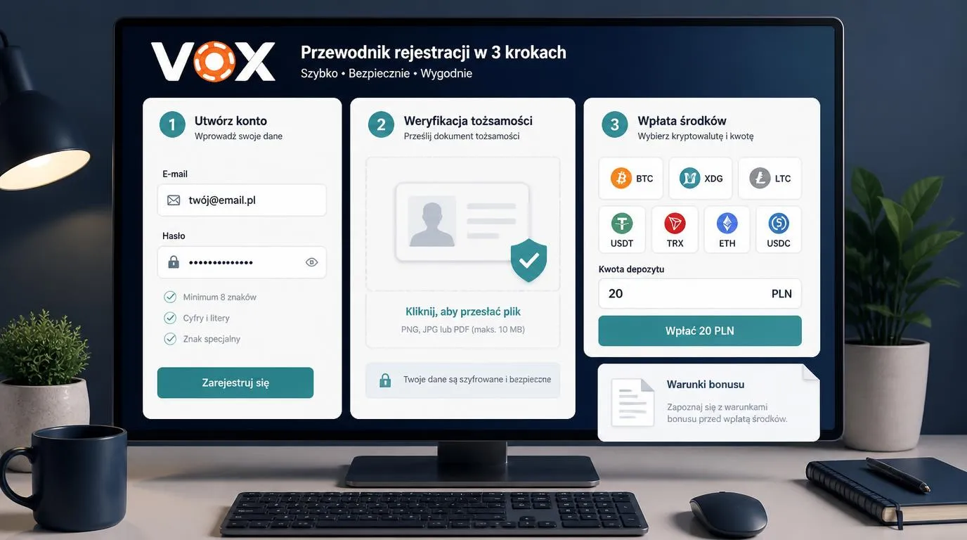 Panel rejestracji, weryfikacji tożsamości i kasjera z wyborem kryptowalut oraz depozytem 20 PLN