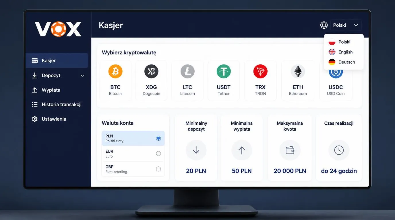 Panel kasy z wyborem kryptowaluty, kontem w PLN i progami wpłaty oraz wypłaty