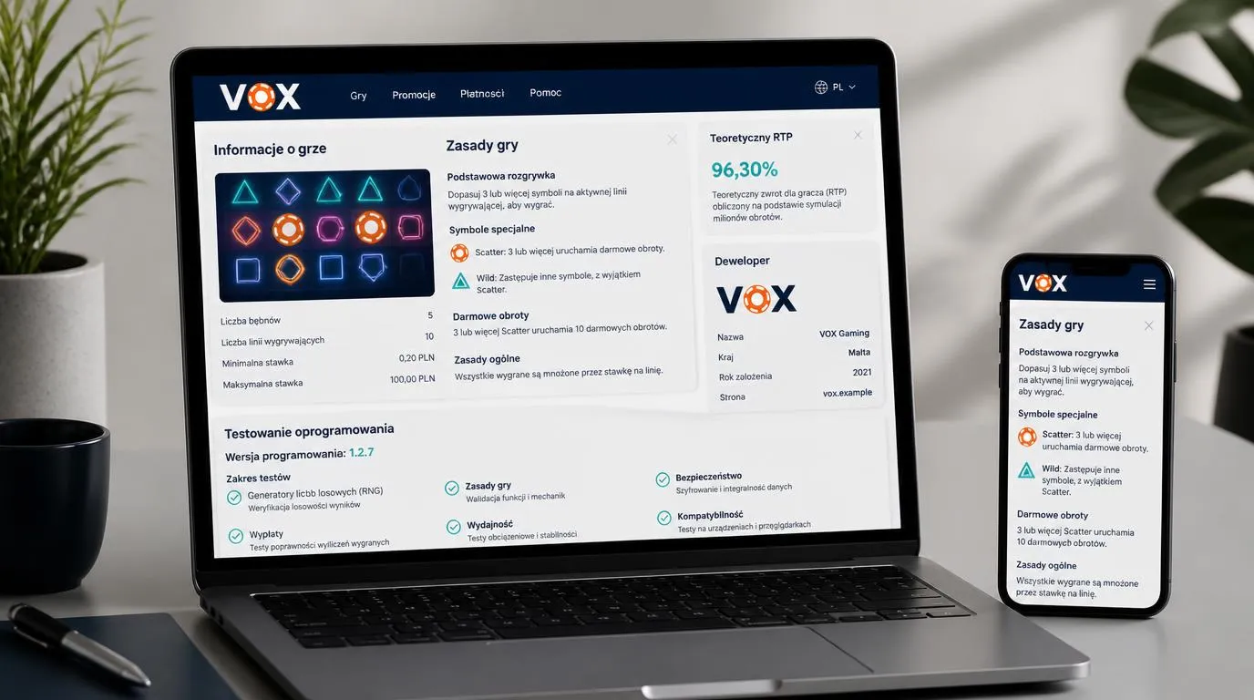 Panel gry kasynowej z zasadami, parametrem RTP i dokumentacją testów oprogramowania na ekranie laptopa